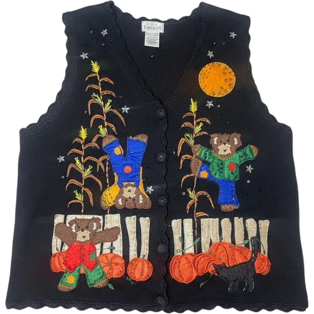 Basic Editions Vintage Halloween Bear Pumpkin Knit Sweater Vest XL Black Sequin